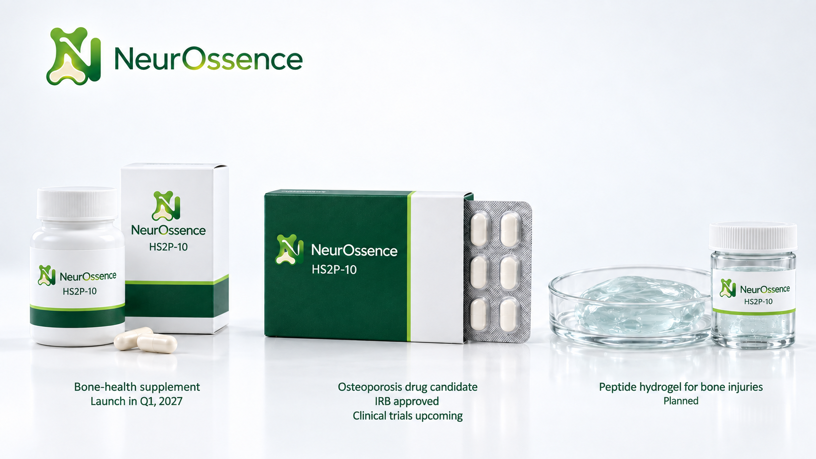 NeurOssence HS2P-10 product concepts: an oral supplement, oral therapeutic and peptide hydrogel