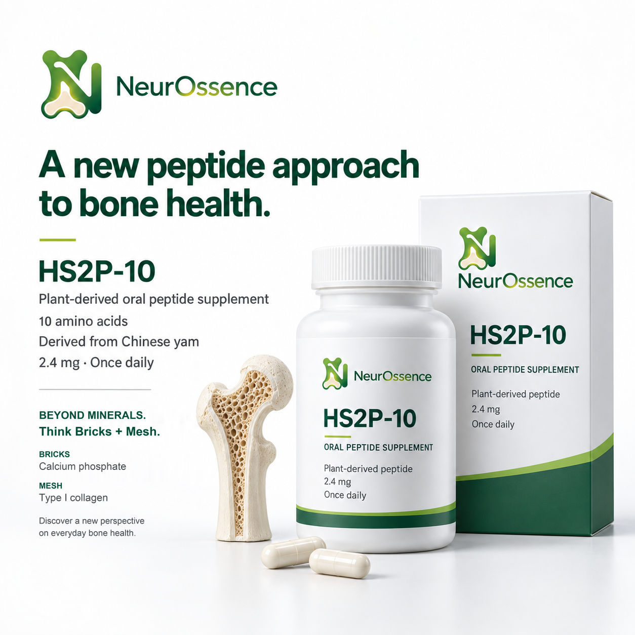 Proposed HS2P-10 supplement packaging and a bone model; concept formulation shown as 2.4 mg once daily